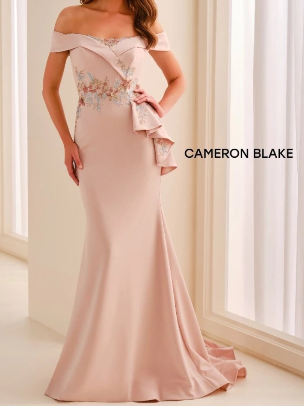 NWT Cameron Blake CB779 Off-Shoulder Mermaid Formal Dress Blush size 14
